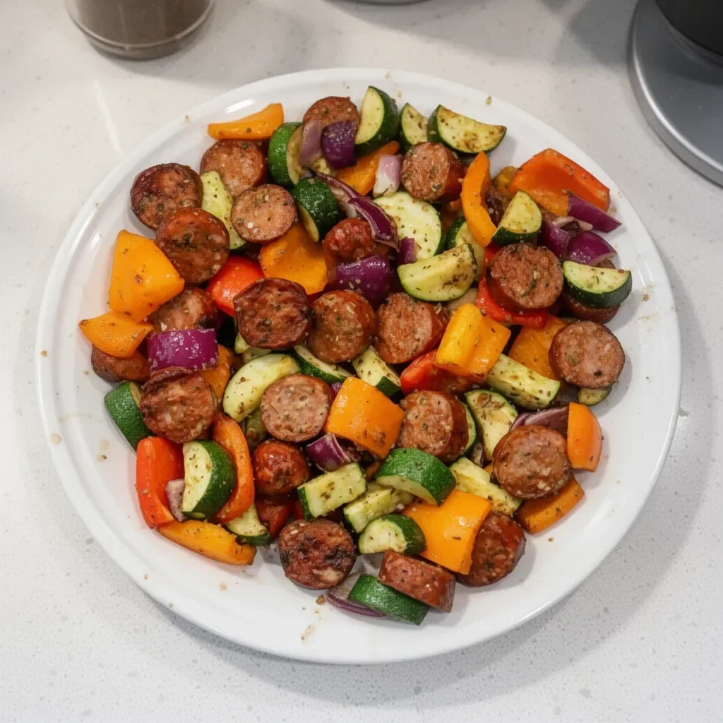 10 Minute Air Fryer Chicken Sausage and Veggies