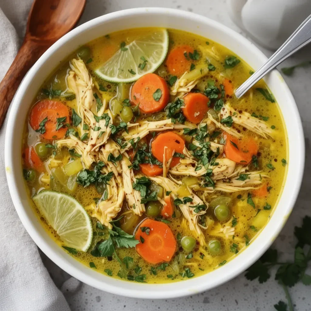 Bowl of anti-inflammatory turmeric chicken soup with fresh ingredients