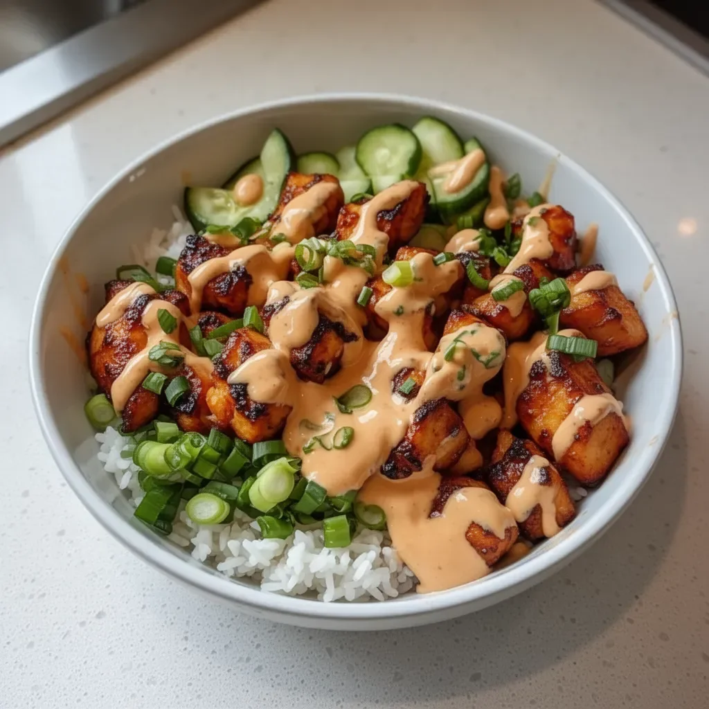 Delicious Bang Bang Chicken Bowl with spicy sauce and fresh ingredients