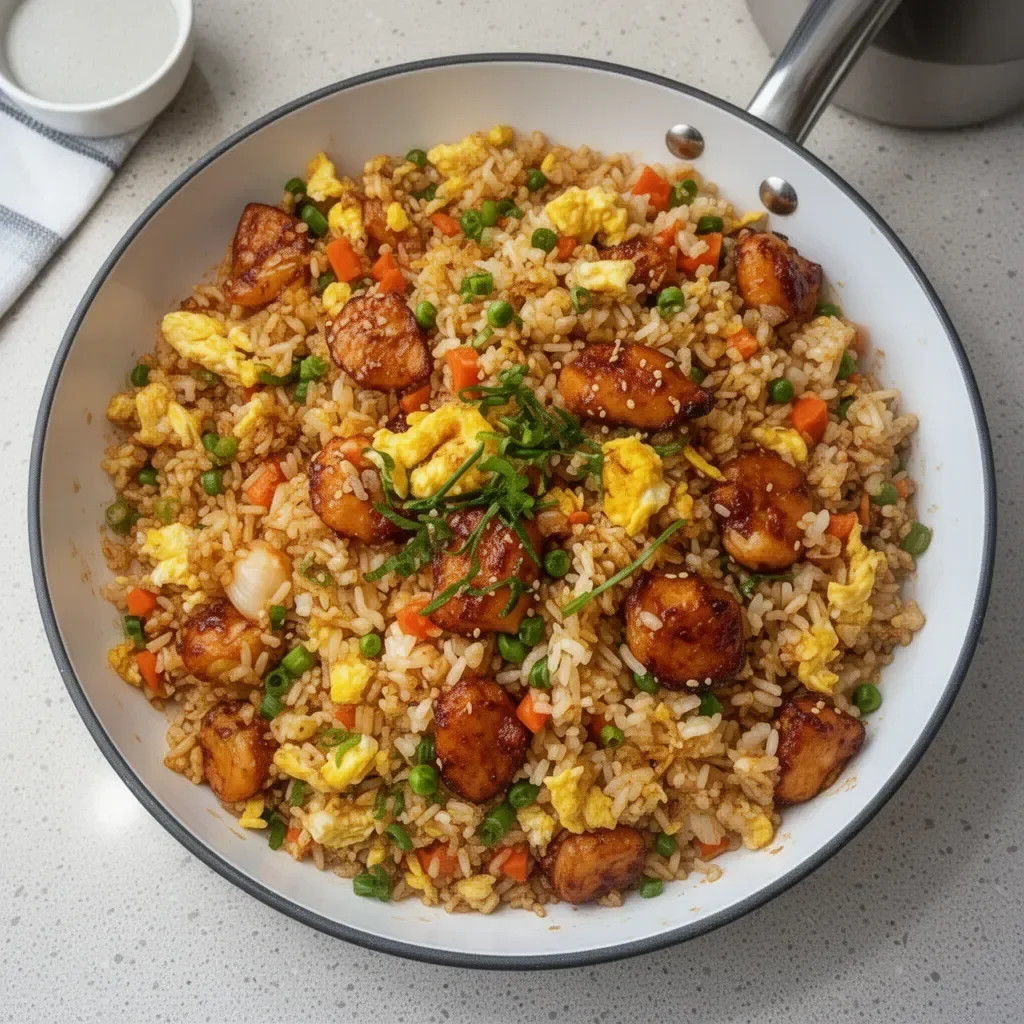 Delicious Bang Bang Fried Rice served in a bowl with vibrant vegetables and spices.