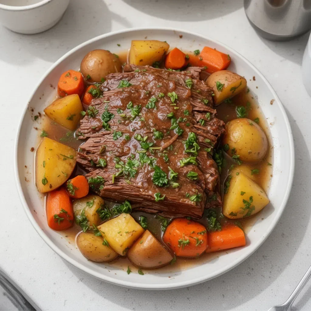 Delicious crockpot beef pot roast with vegetables cooking in a slow cooker.