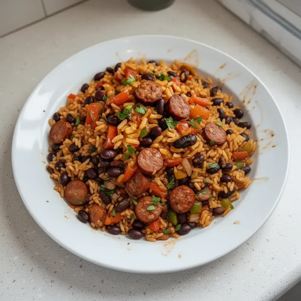 Delicious black beans and rice dish with sausage served in a bowl.