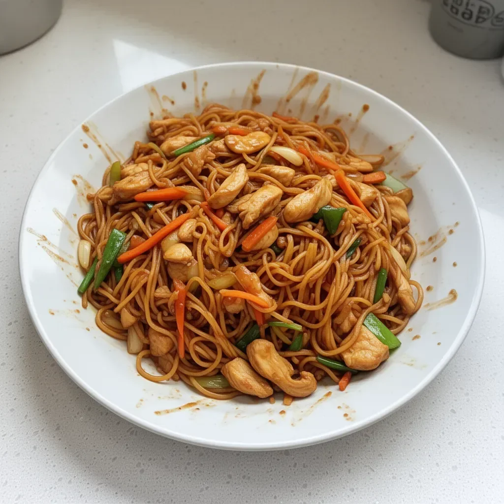 Bowl of Chicken Lo Mein with colorful vegetables and noodles