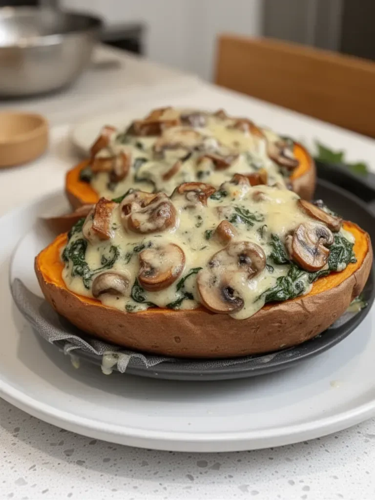 Creamy Mushroom and Spinach Stuffed Sweet Potatoes