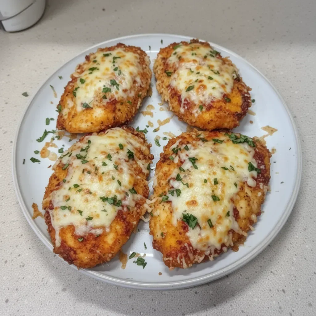 Crispy Air Fryer Chicken Parmesan served with marinara sauce and herbs