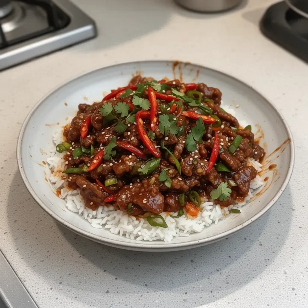 Crispy Chilli Beef Rice dish with vibrant colors and textures