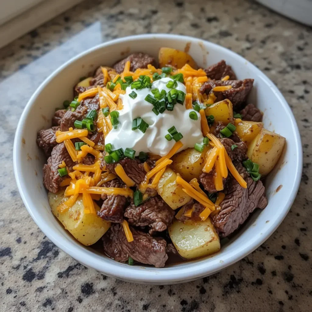 Crockpot Loaded Steak and Potato Bake with melted cheese and herbs