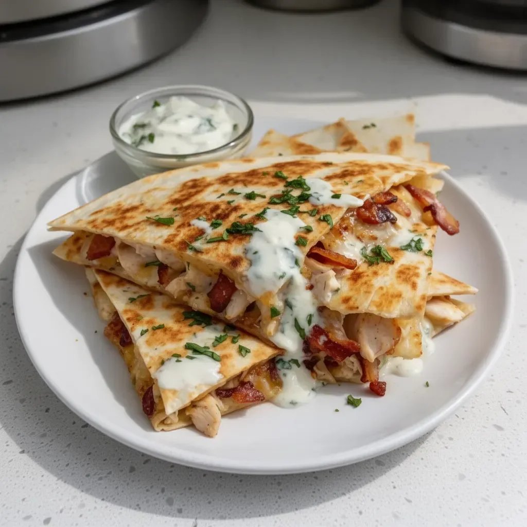 Easy chicken bacon ranch quesadilla recipe with melted cheese and crispy bacon.