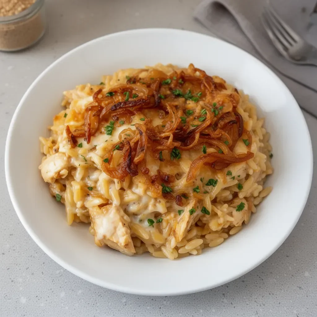French Onion Chicken Orzo Casserole