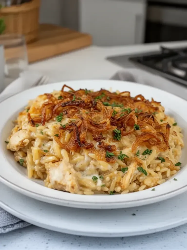 French Onion Chicken Orzo Casserole