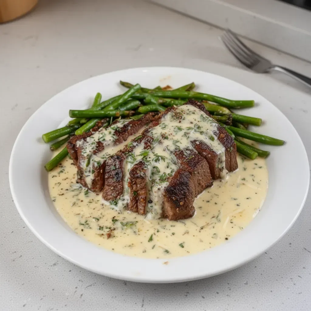 Garlic Butter Steak with Parmesan Cream Sauce, a delicious and rich meat dish.