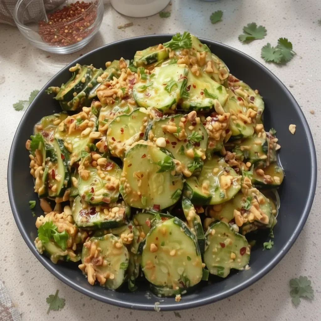Gluten-free spicy peanut cucumber salad served in a bowl with fresh ingredients.
