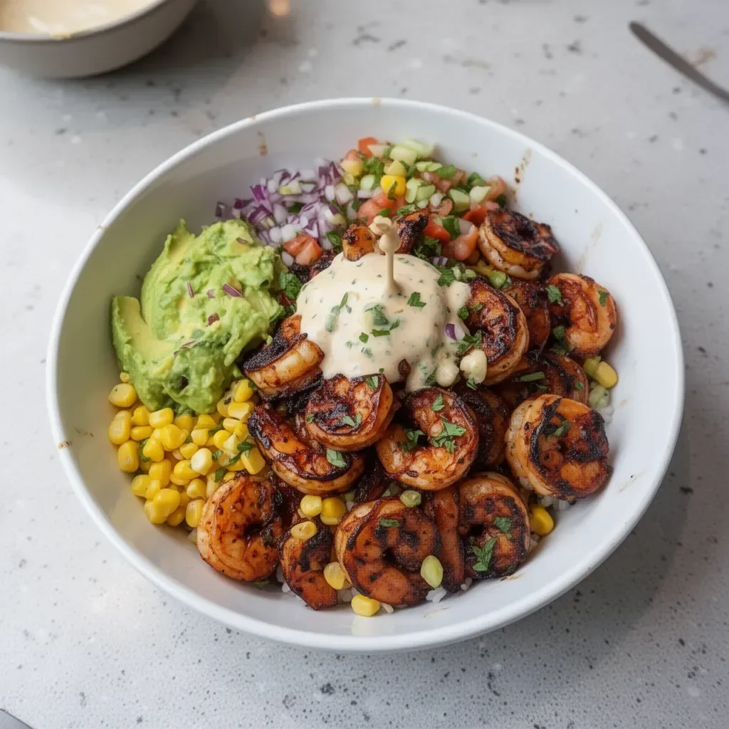 Grilled Shrimp Bowl with Avocado, Corn Salsa & Creamy Garlic Sauce