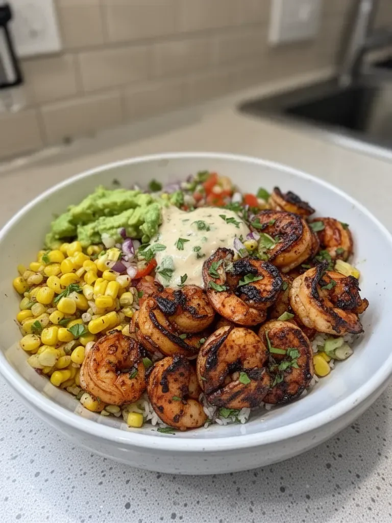 Grilled Shrimp Bowl with Avocado, Corn Salsa & Creamy Garlic Sauce