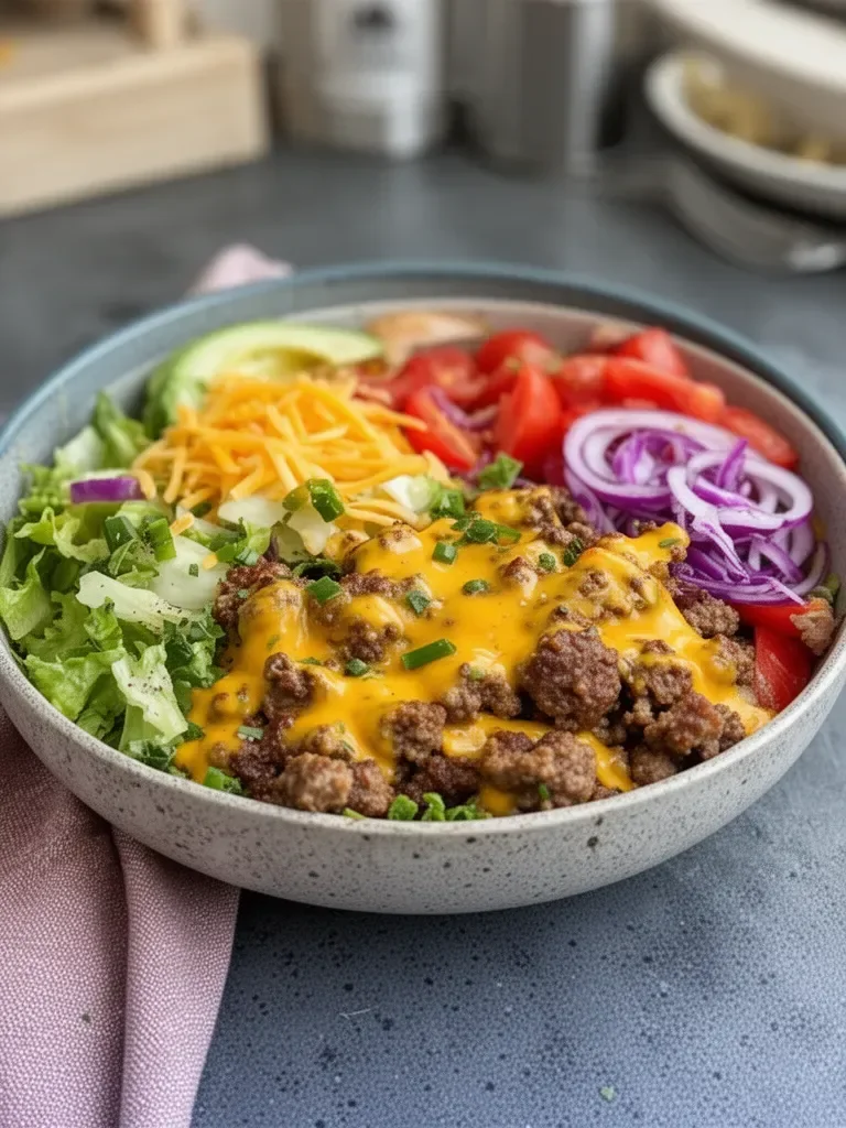 High-Protein Cheeseburger Bowls Recipe – Low-Carb Meal Prep with Ground Beef & Burger Sauce