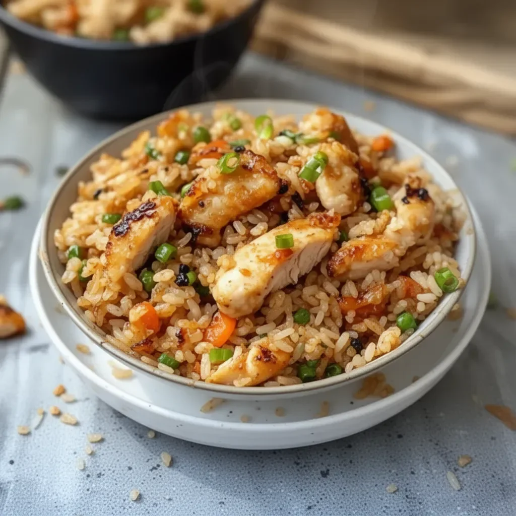 High protein crispy garlic chicken fried rice dish with vibrant vegetables