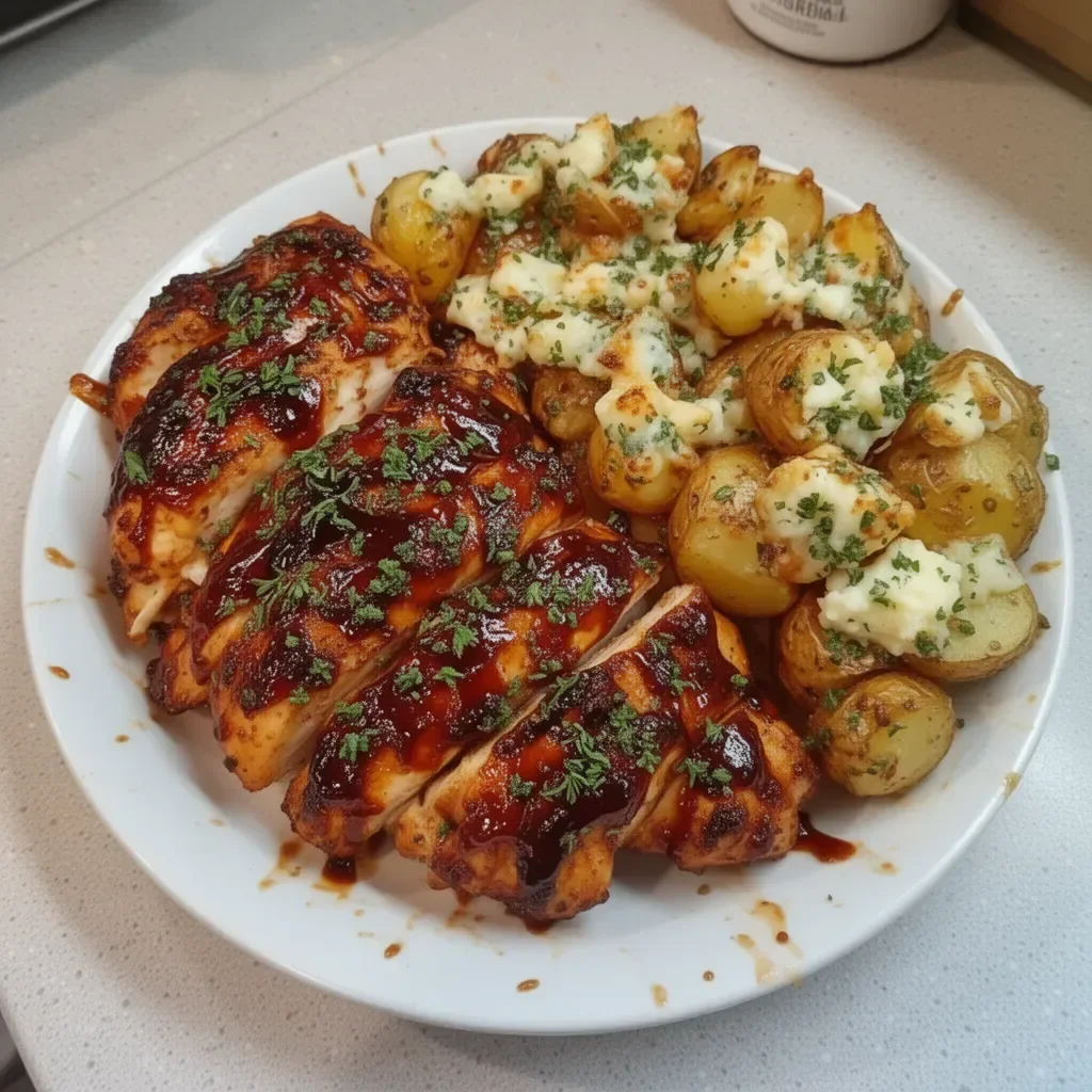 Honey BBQ Chicken with Cheesy Garlic Parmesan Potatoes