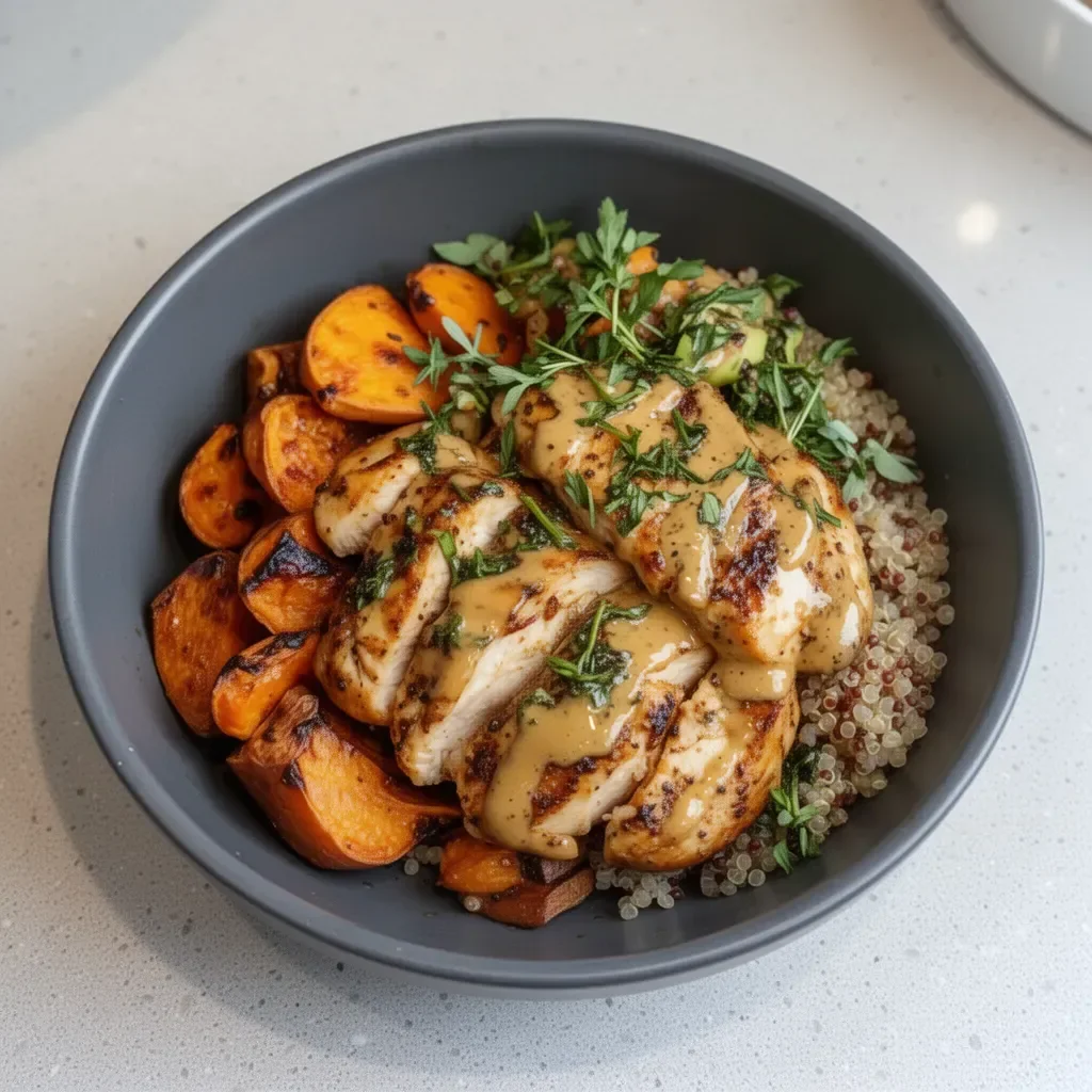 Maple Dijon Chicken with roasted sweet potatoes in a colorful bowl