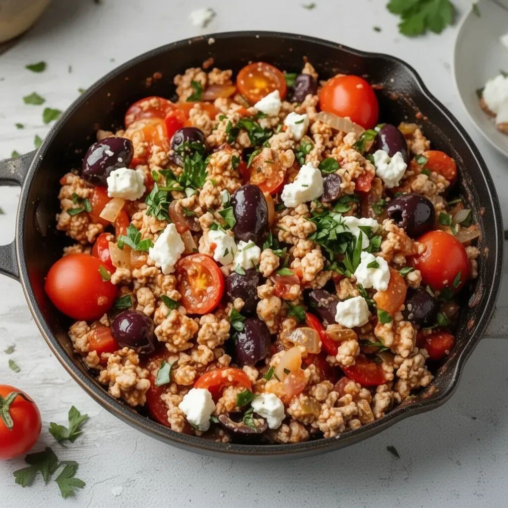 Mediterranean Keto Ground Chicken Skillet with Olives and Feta