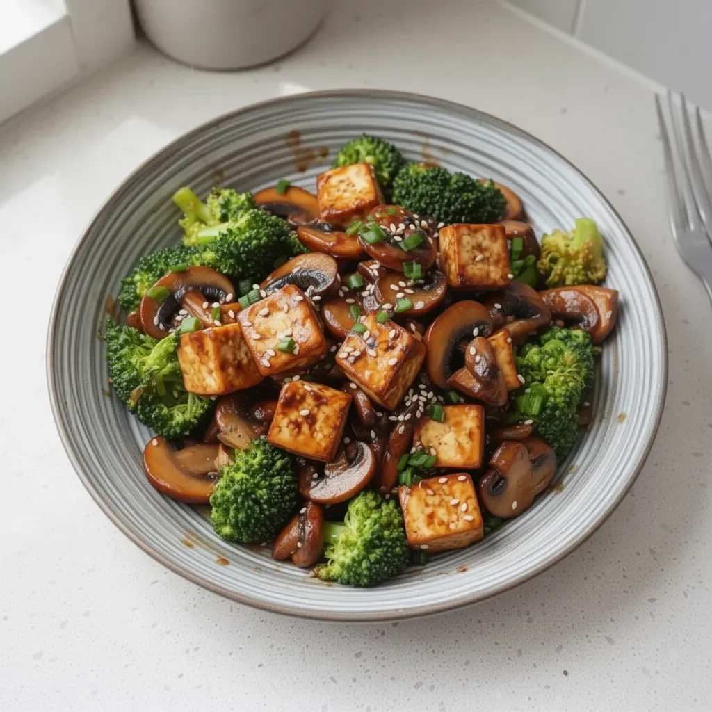 Delicious Mushroom Tofu Stir-Fry with fresh vegetables in a colorful bowl