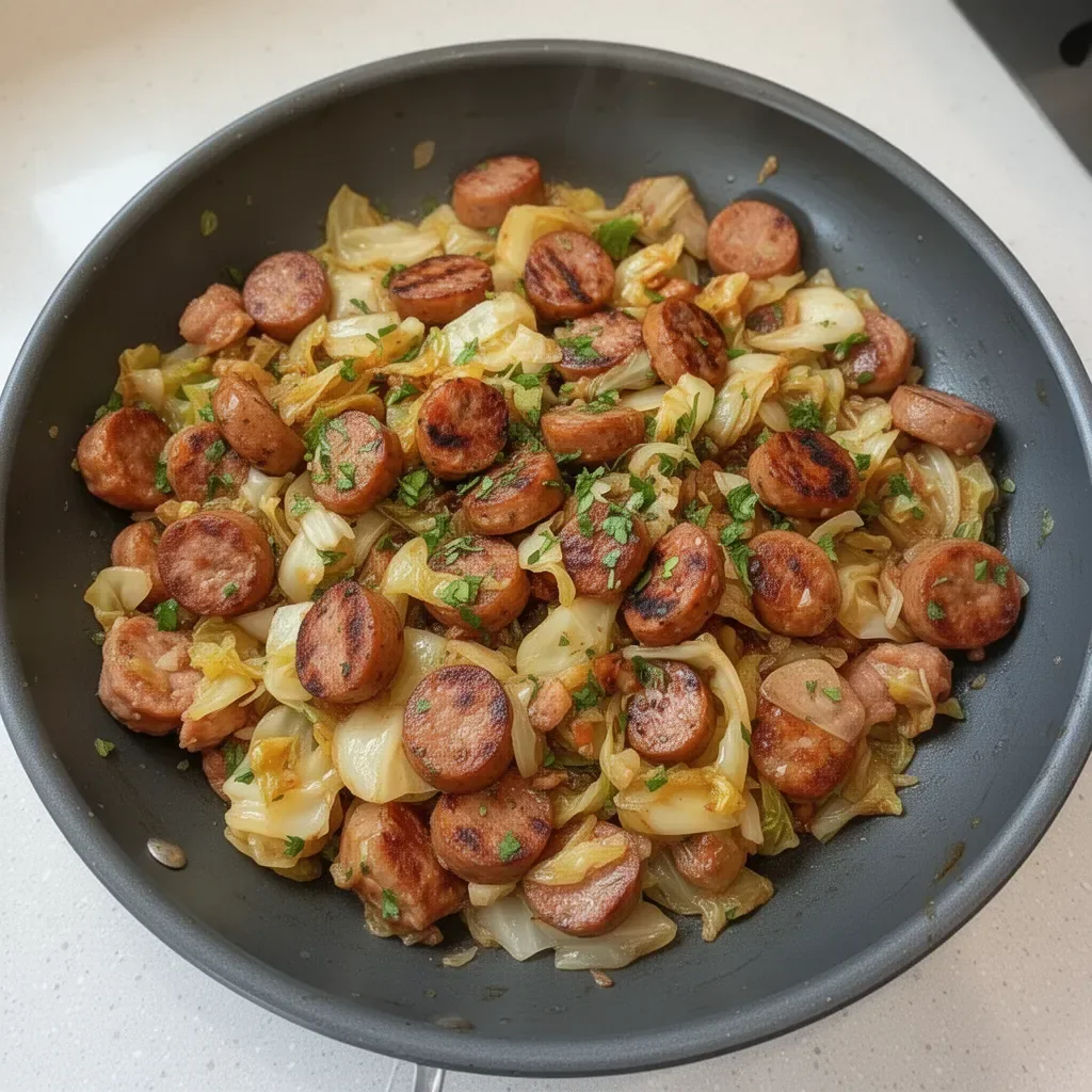 Delicious sausage and cabbage stir fry served in a bowl