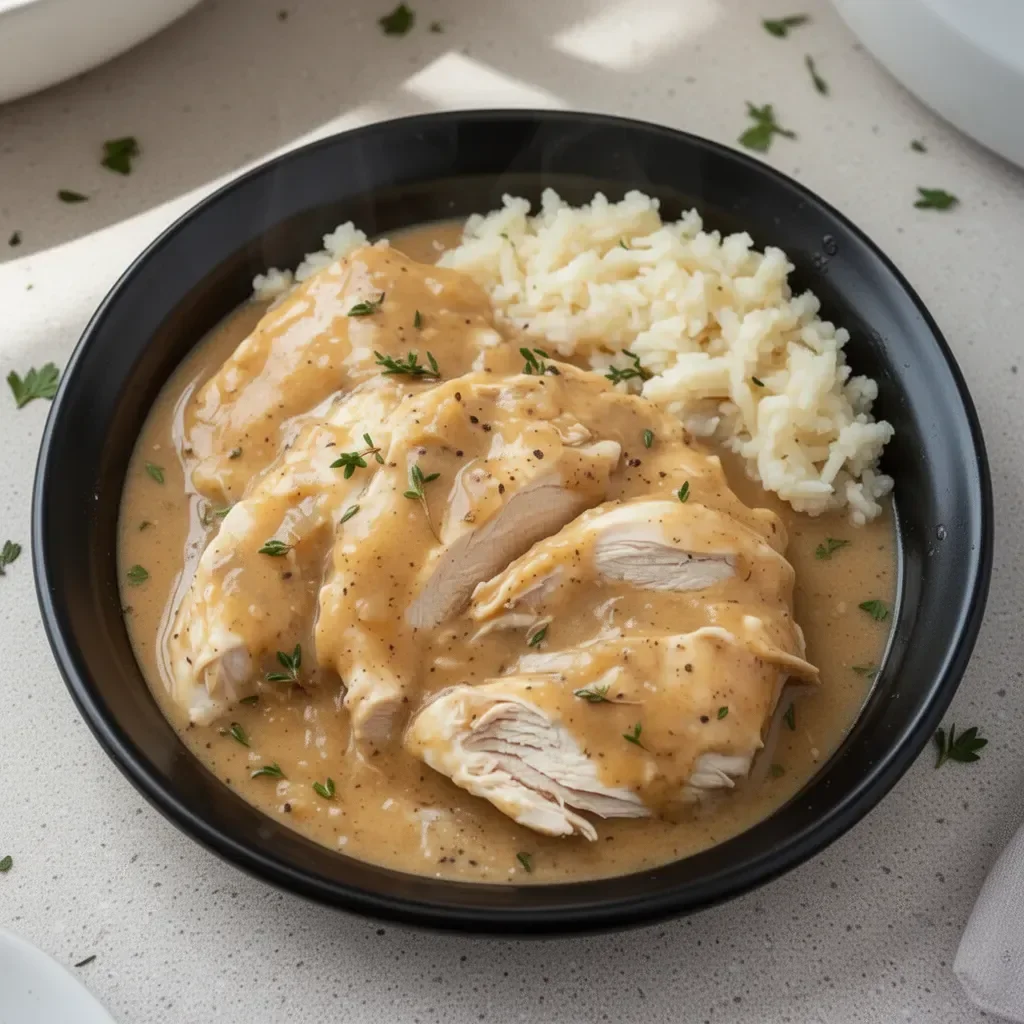Delicious Slow Cooker Chicken and Gravy served with rice and vegetables