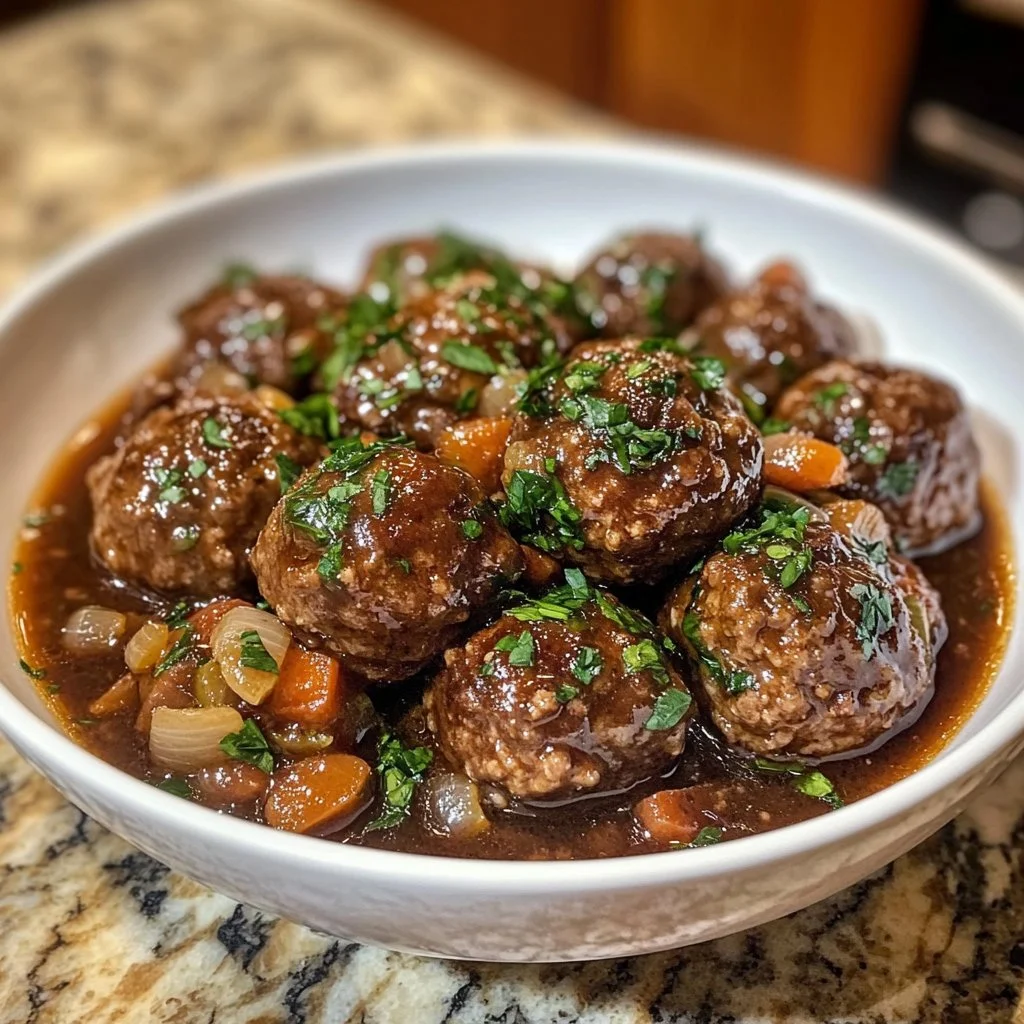 Slow Cooker Salisbury Steak Meatballs served with gravy and mashed potatoes.