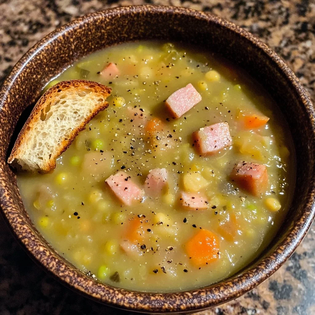 Bowl of split pea soup with ham bone and fresh herbs