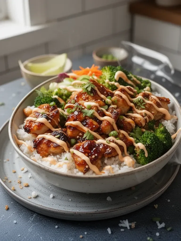 Sticky chicken rice bowls with spicy mayo