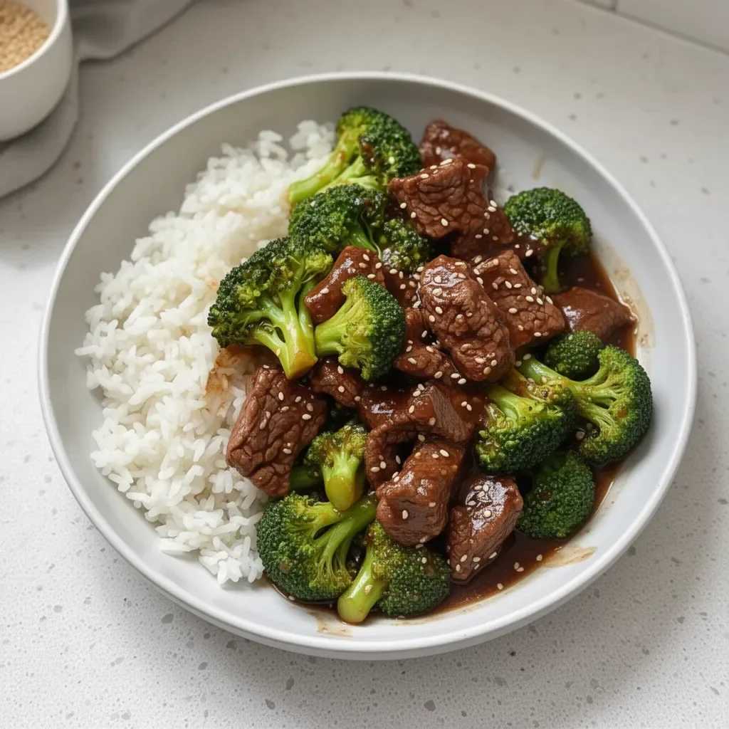 Delicious plate of sesame Instant Pot beef and broccoli served over rice