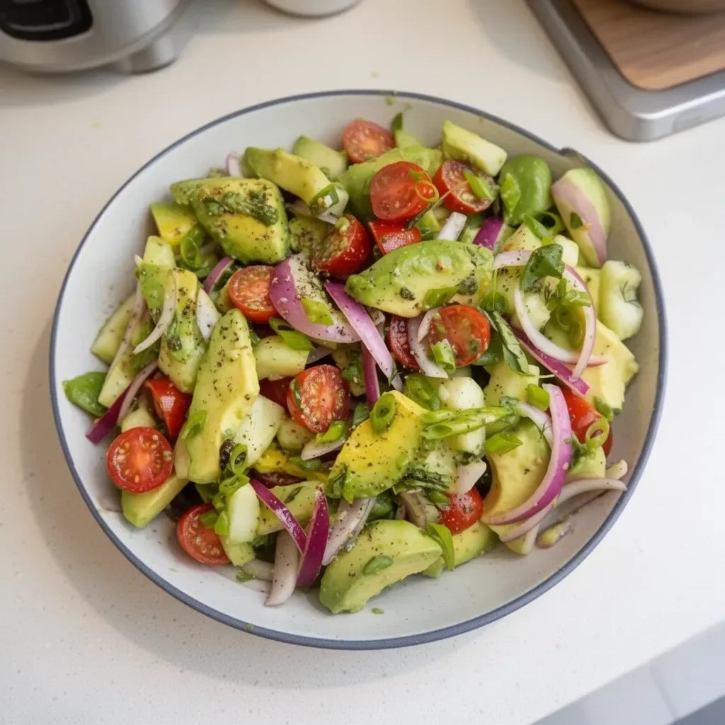 Delicious avocado salad with fresh ingredients on a wooden table