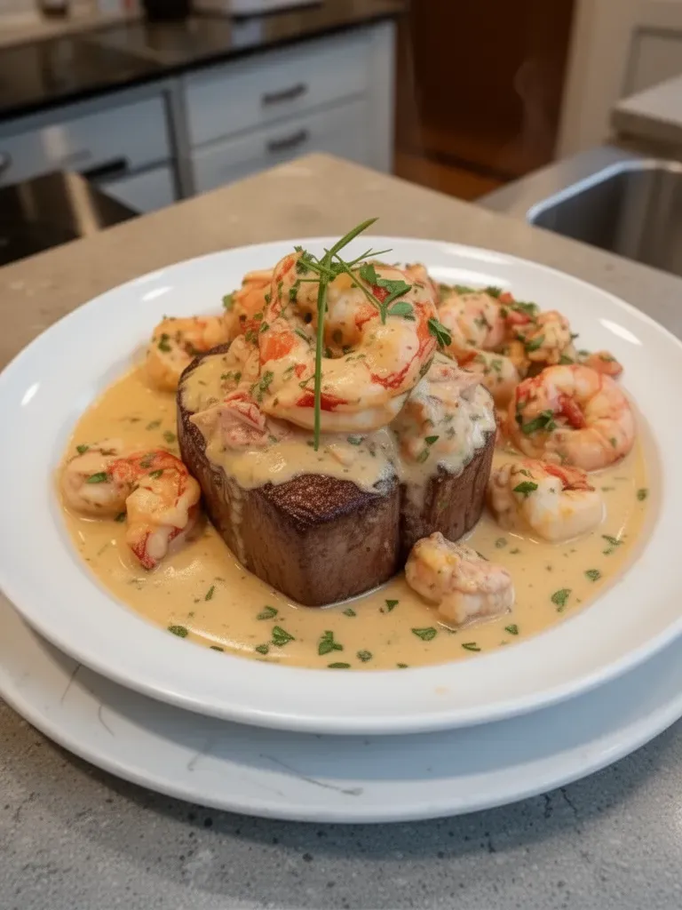 Filet Mignon with Shrimp and Lobster Cream Sauce delights!
