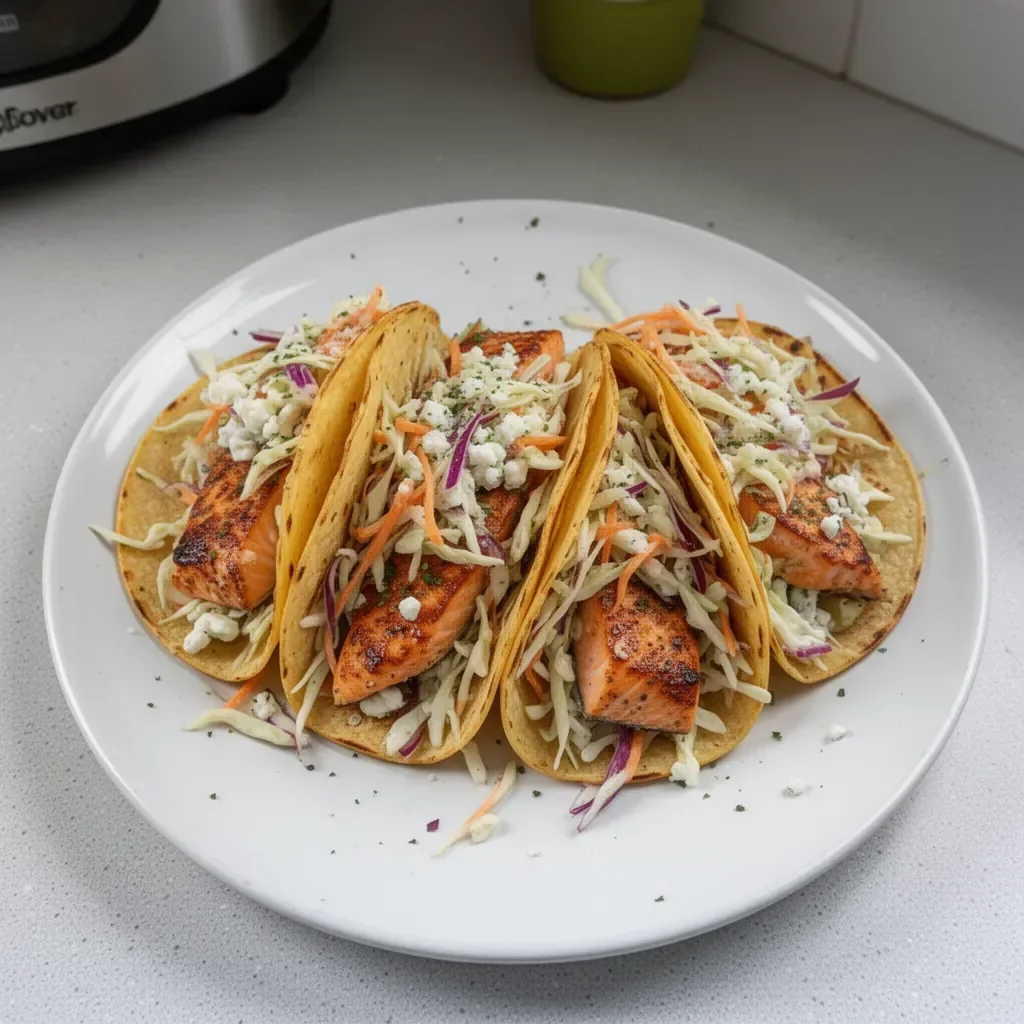 Air Fryer Salmon Tacos with Slaw