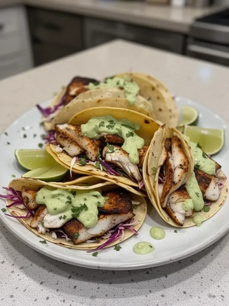 Blackened Fish Tacos with Avocado Cream Sauce