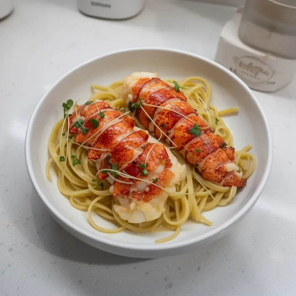 Butter Poached Lobster Tails over Linguine