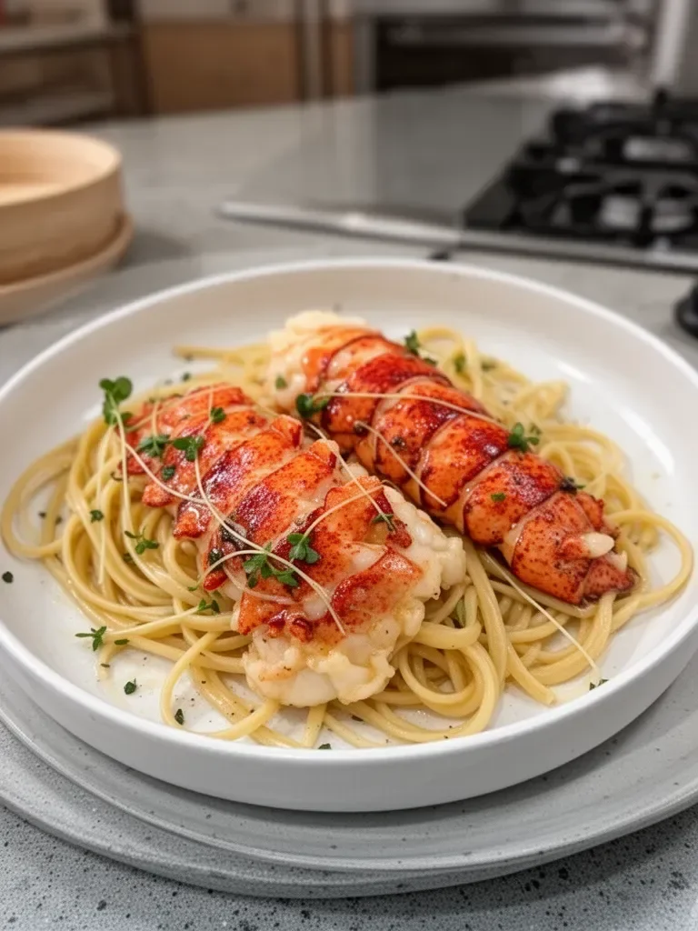 Butter Poached Lobster Tails over Linguine