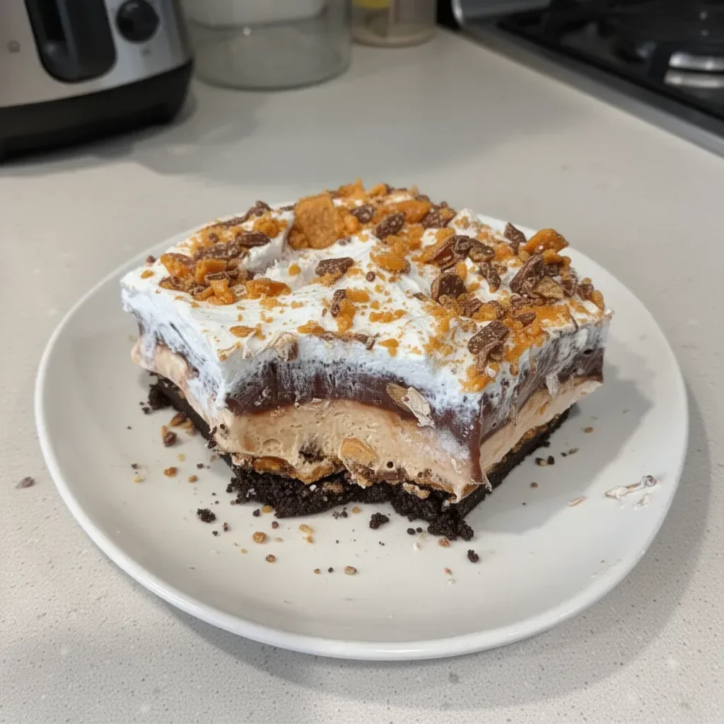 Delicious Butterfinger Lush dessert with layers of creamy filling and Butterfinger candy.