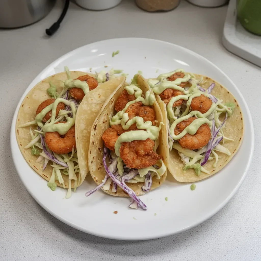 Crispy shrimp tacos served with avocado lime slaw on a plate