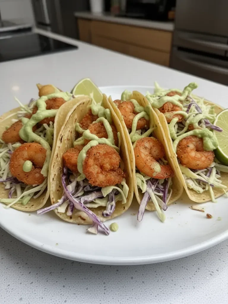 Crispy Shrimp Tacos With Avocado Lime Slaw
