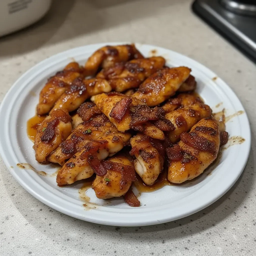 Plate of easy homemade bacon brown sugar chicken tenders with a crispy coating