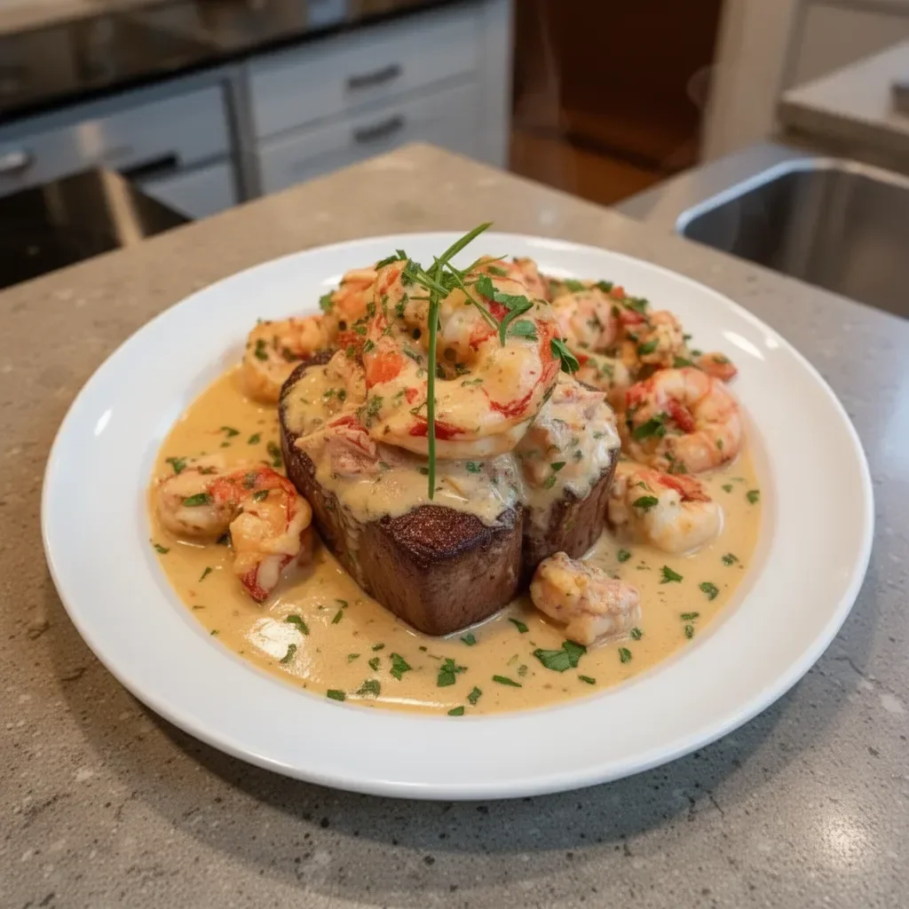Filet Mignon with Shrimp and Lobster Cream Sauce delights!