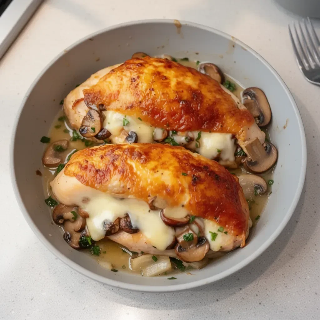 Flavorful mushroom stuffed chicken breast dish served with garnish