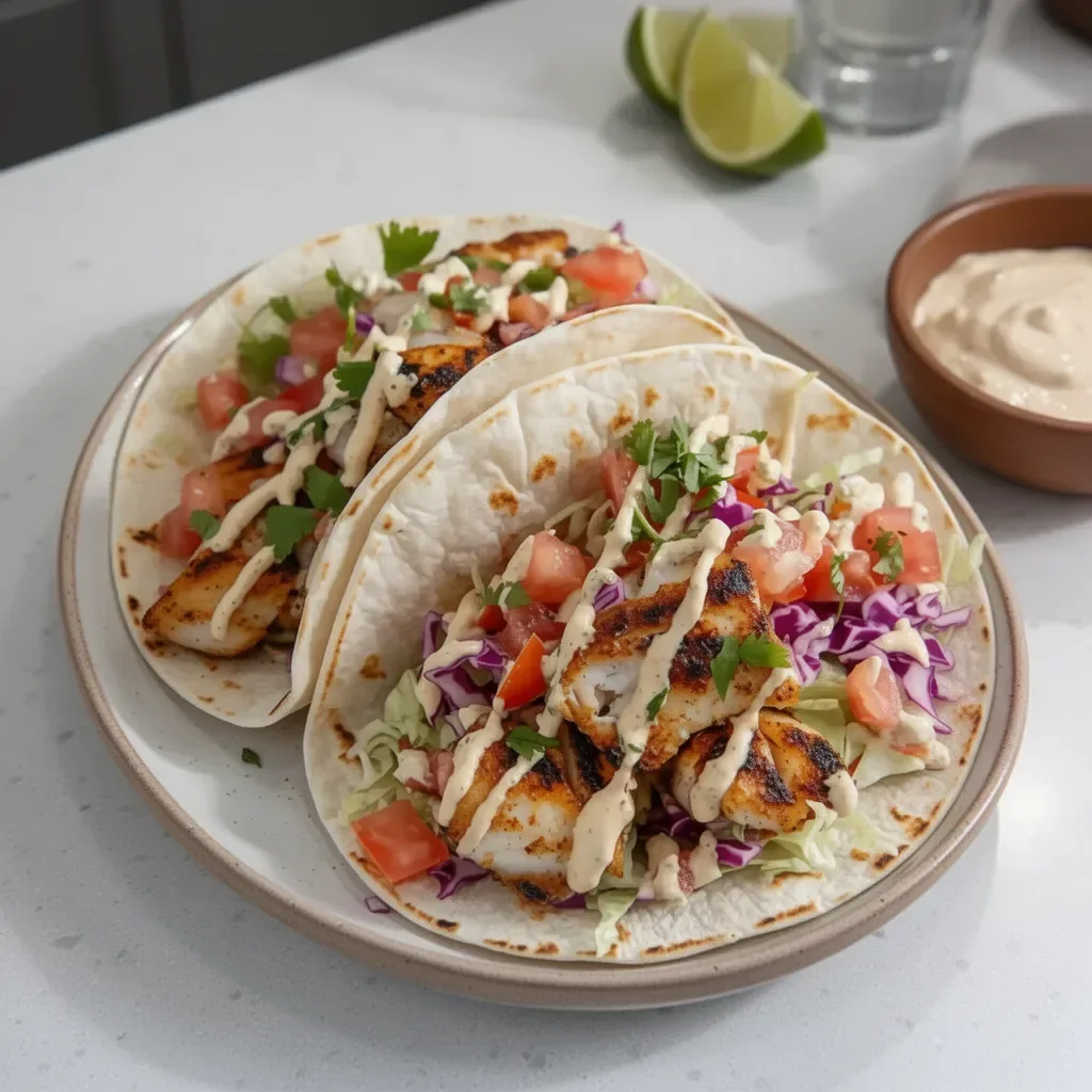 Plate of grilled fish tacos with fresh toppings and lime on a rustic wooden table