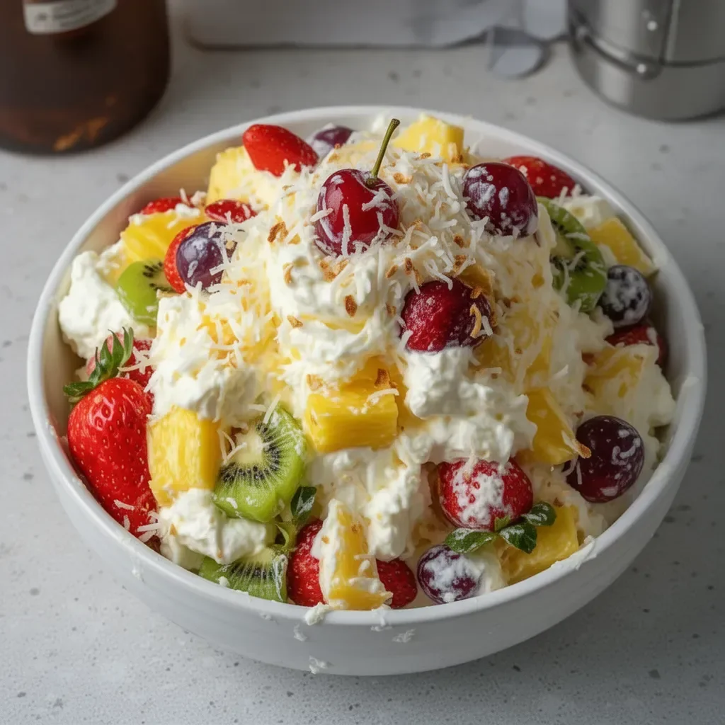 Delicious Hawaiian Cheesecake Salad served in a bowl with tropical fruits.