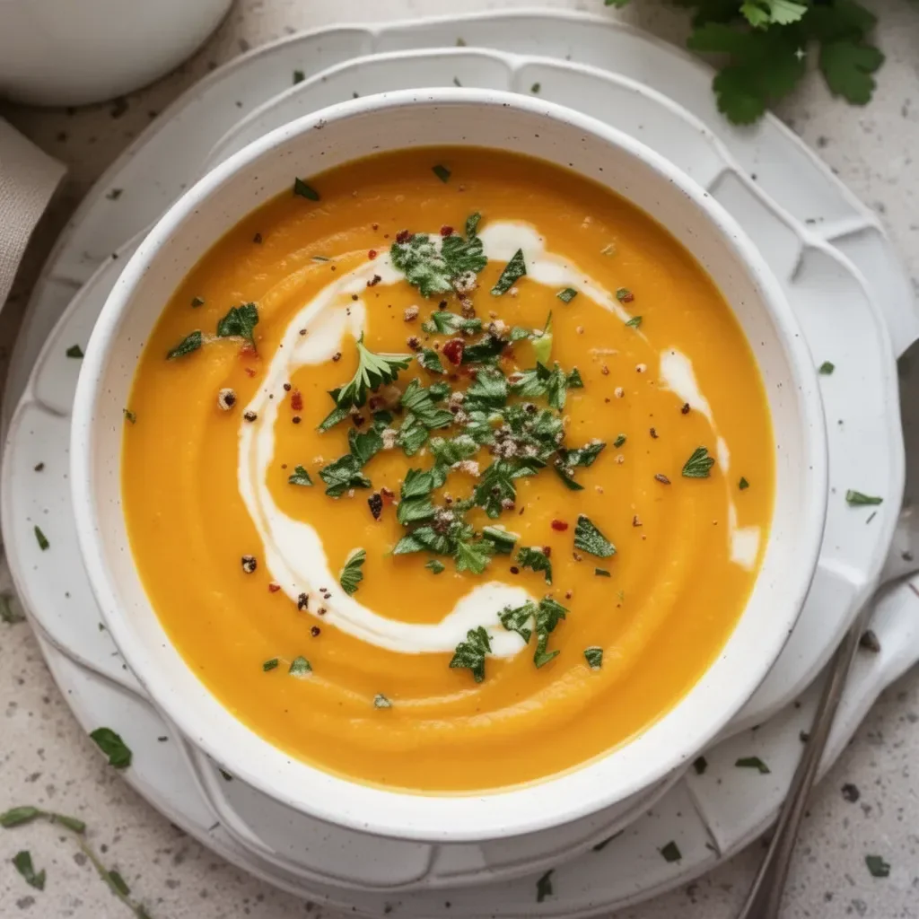 A bowl of healthy butternut squash soup garnished with herbs