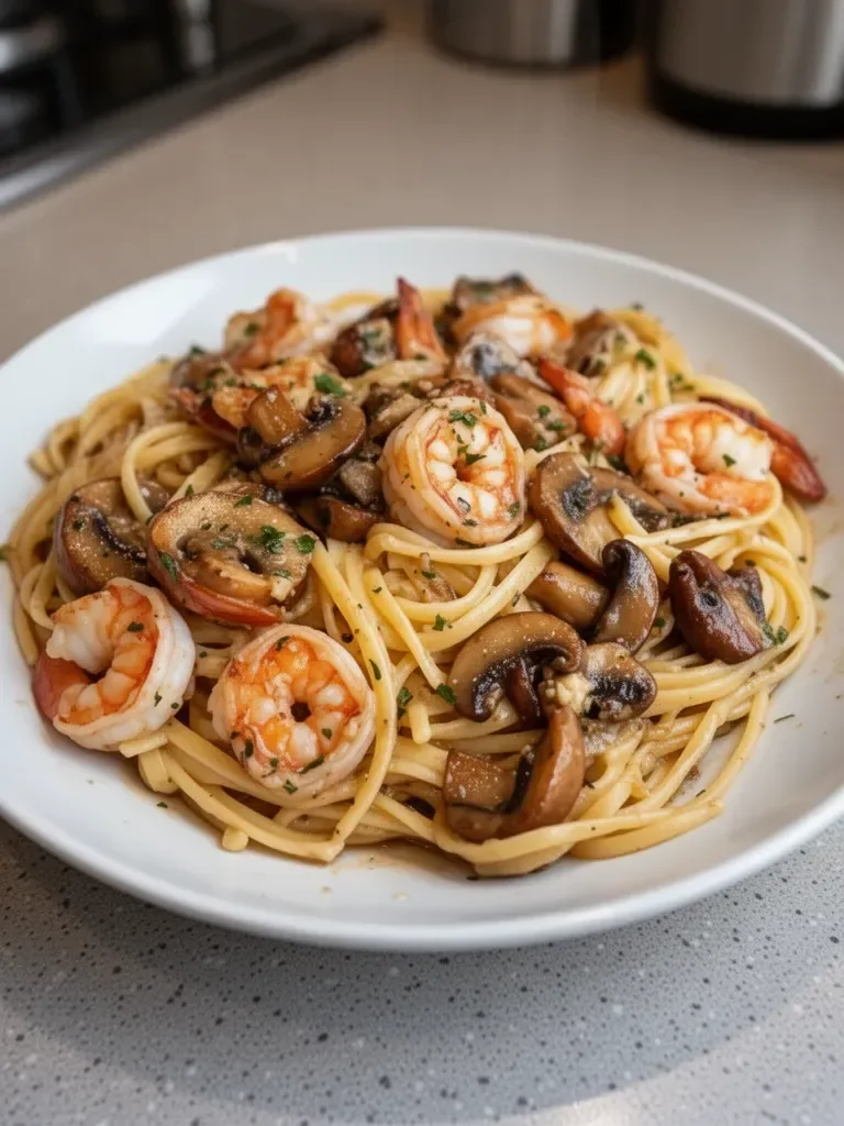 Mushroom Garlic Shrimp Pasta