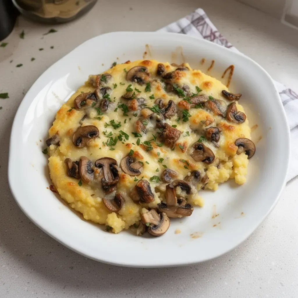 Delicious mushroom polenta casserole topped with fresh herbs and cheese