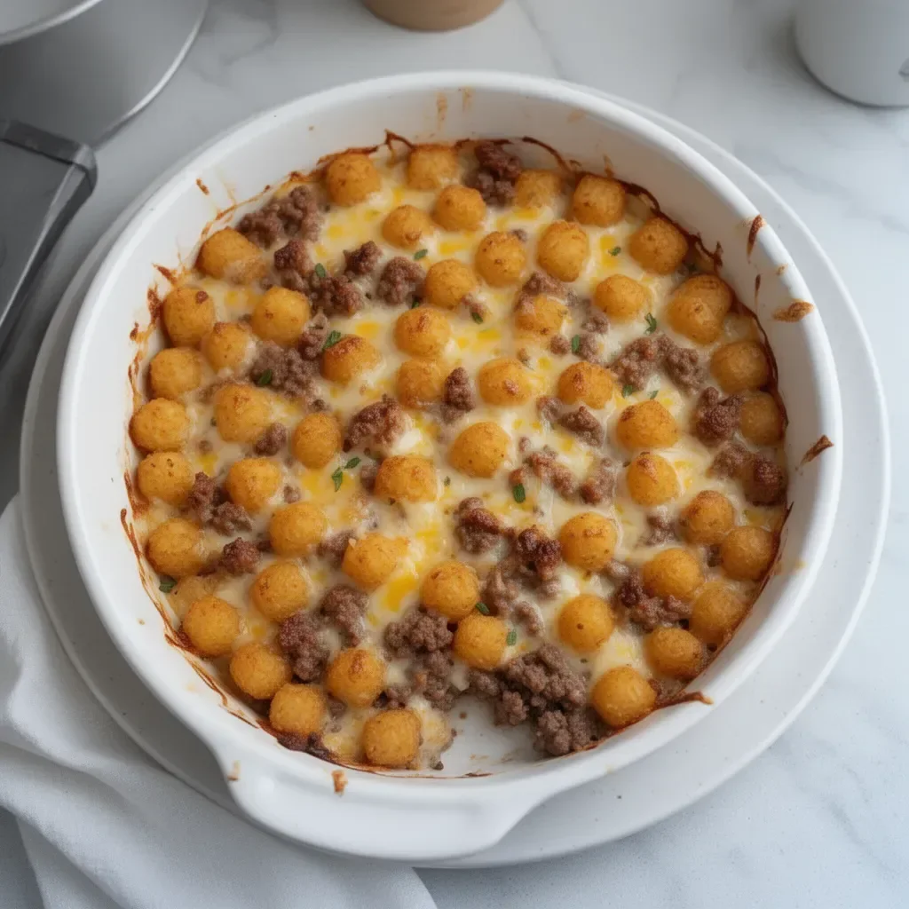Savory Ground Venison Tater Tot Casserole topped with crispy tater tots
