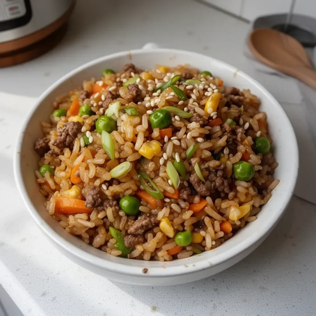 Bowl of simple ground venison fried rice garnished with green onions.
