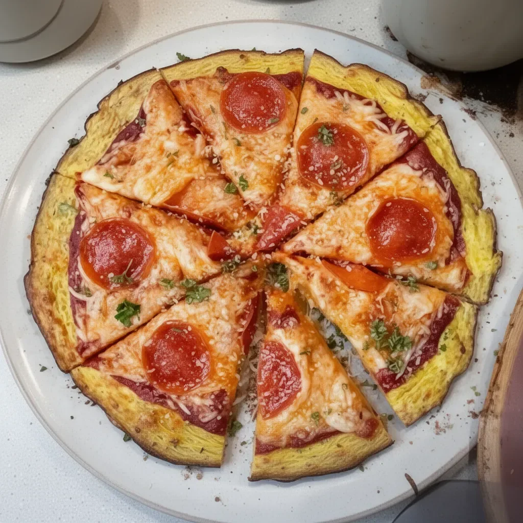 Spaghetti squash pizza topped with fresh vegetables and cheese